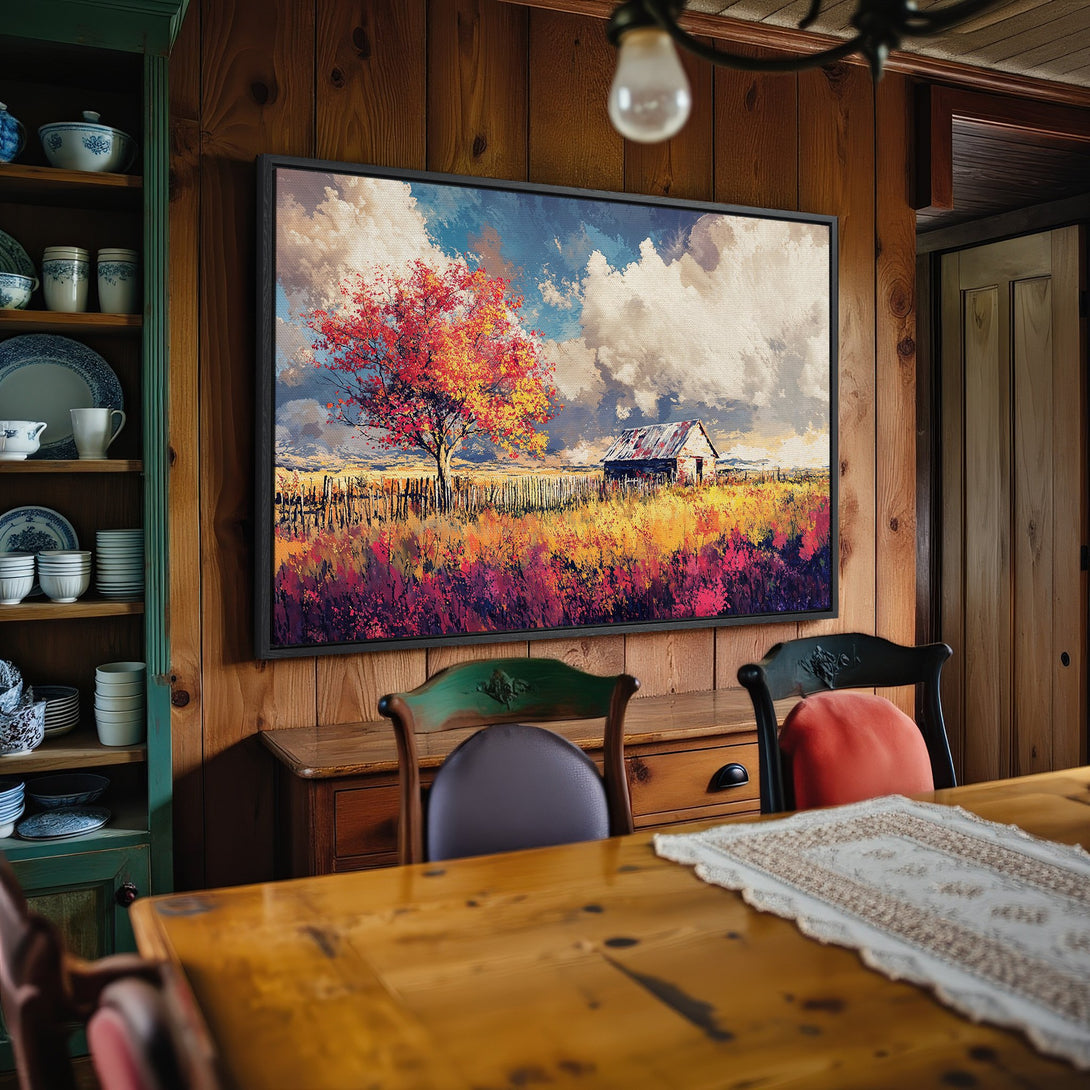 Framed Wall Art: Rustic landscape Canvas Print with vibrant autumn colors. Adds warmth & charm to any interior. Shop now for stunning wall decor!