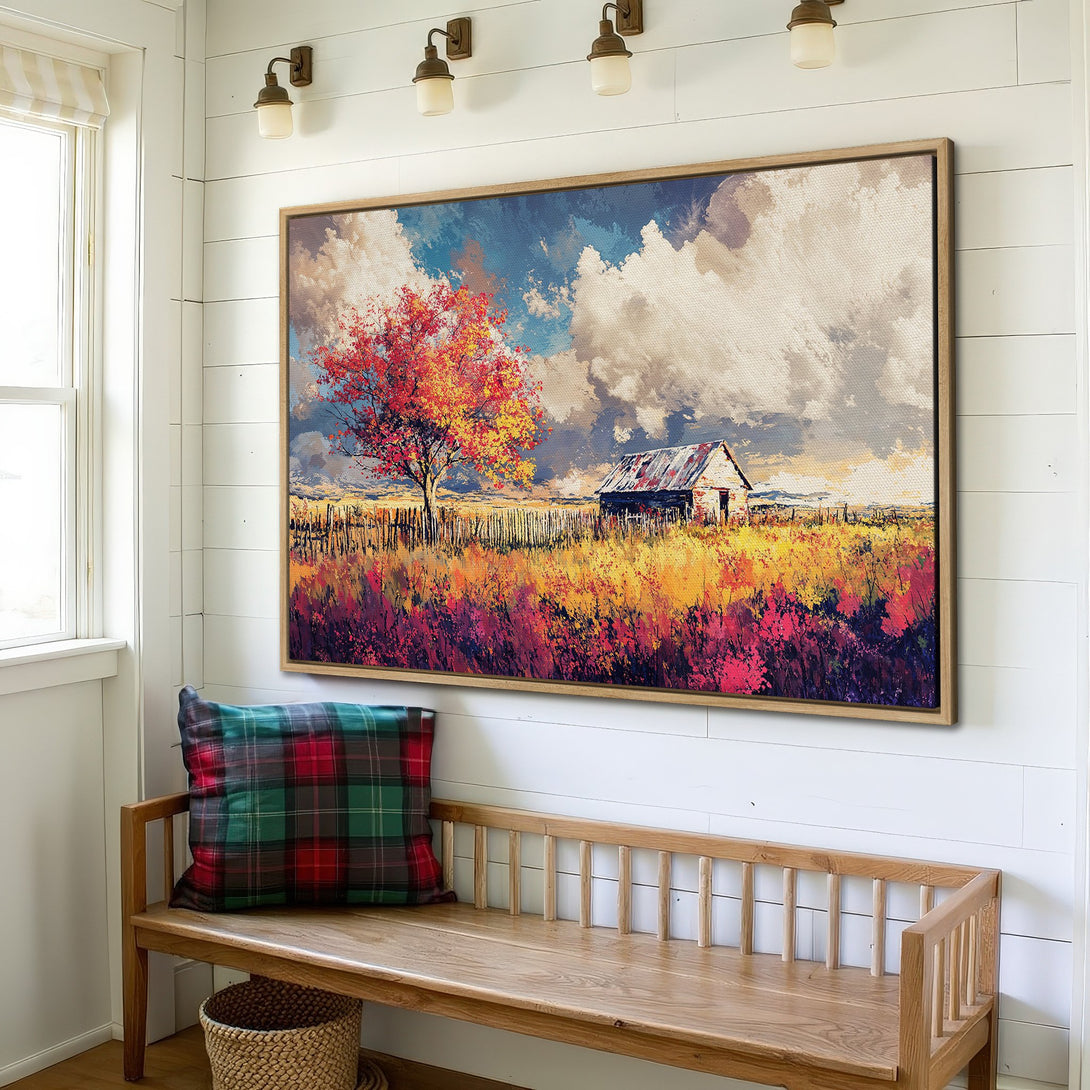 Framed Wall Art: Rustic landscape Canvas Print with vibrant fall colors. Adds warmth and style to any space. Shop now!
