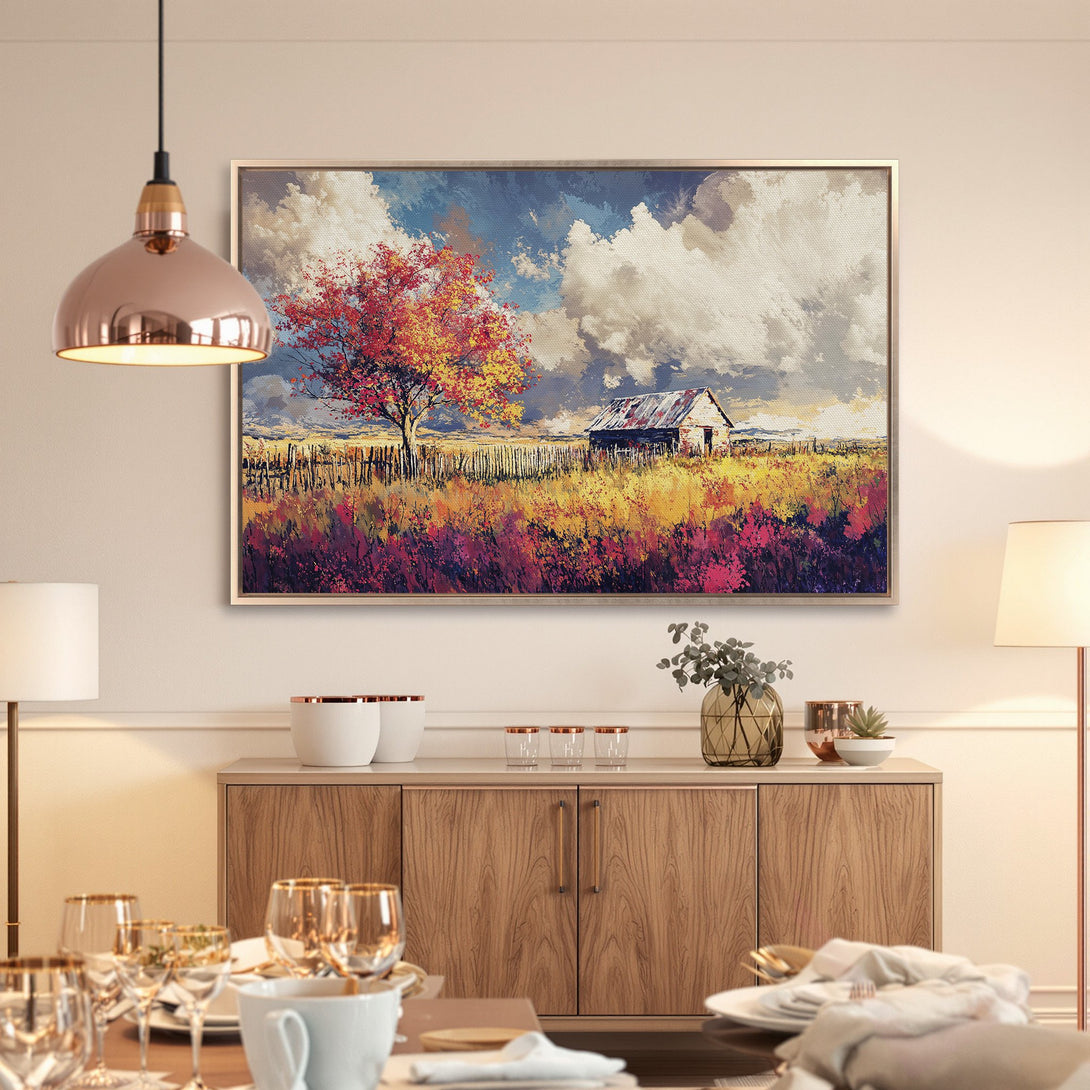 Framed Wall Art: Rustic landscape canvas print with vibrant colors. Featuring a barn, tree, and field in a warm, inviting color palette. Perfect for any home!