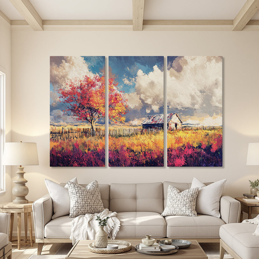 Canvas Print: Impressionistic landscape art with vibrant red, yellow, and purple hues. Features a barn and tree in a field, perfect wall decor.