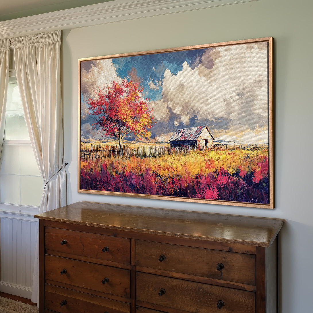 Framed Wall Art: Impressionistic landscape Canvas Print with vibrant fall colors, featuring a barn and tree. Perfect for adding warmth to your home decor.