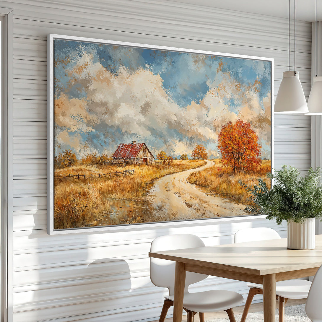 Framed Wall Art: Rustic landscape Canvas Print with barn and road, warm earth tones, blue sky. Perfect for farmhouse decor.