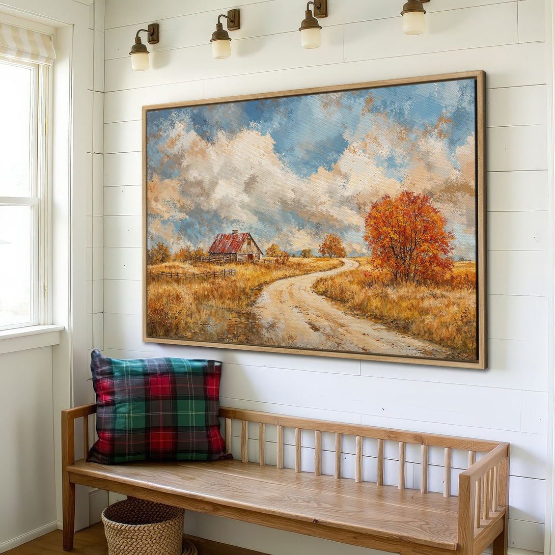 Framed Wall Art: Rustic landscape Canvas Print with a barn, road, and orange tree. Warm, earthy tones create a cozy, inviting atmosphere.