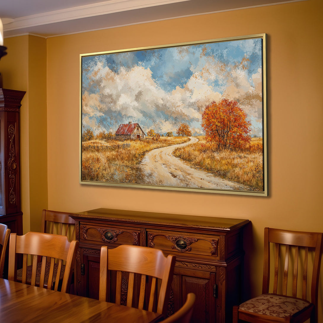 Canvas Print of a rustic landscape painting with a barn, road, and fall colors. Warm, inviting color palette for home decor.