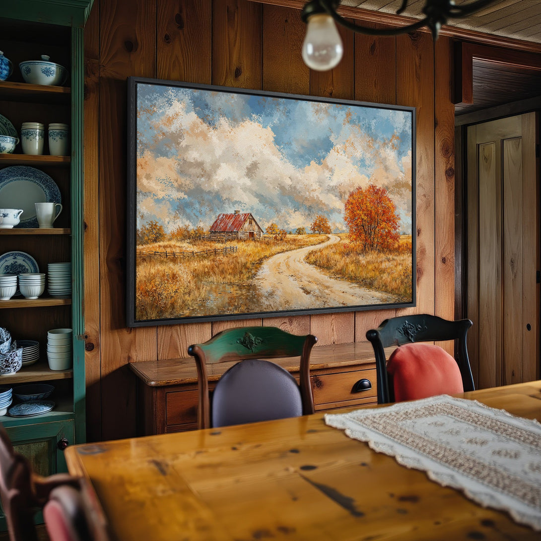 Framed Wall Art: Rustic landscape Canvas Print with a barn, road, and autumn colors. Warm, inviting palette for home decor.