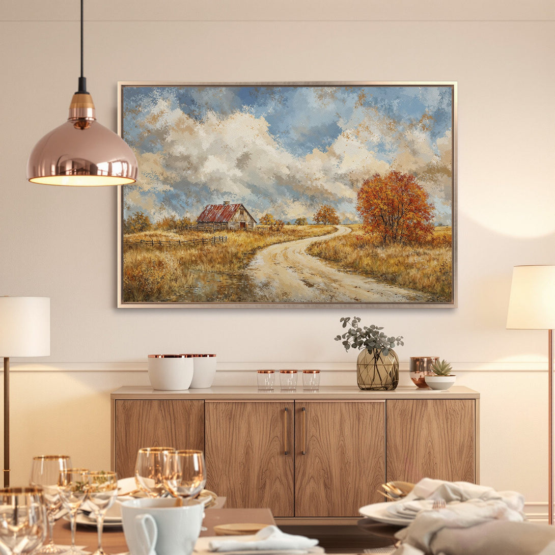 Framed Wall Art: Rustic landscape painting with warm autumn colors. Add a touch of country charm to your home with this beautiful canvas print!