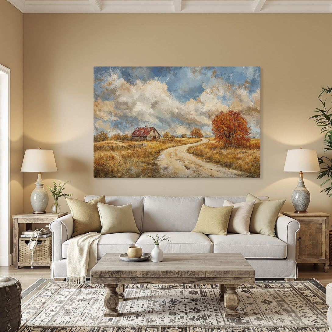 Framed Wall Art: Rustic landscape Canvas Print with warm autumn colors. Perfect for adding a cozy touch to your home decor.