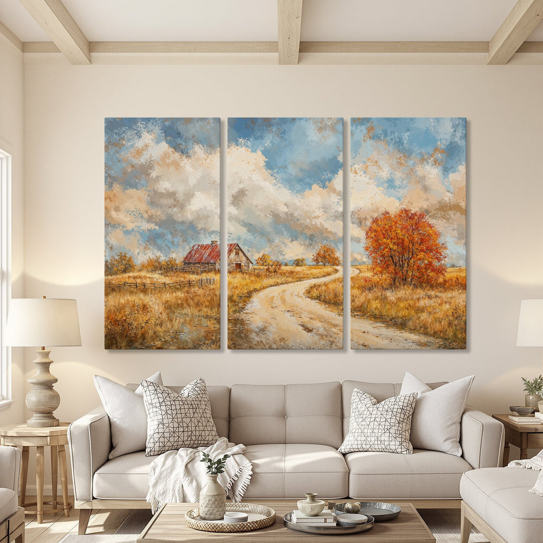 Canvas Print of a rustic landscape painting with a barn, road, and fall colors. Impressionistic style, warm earth tones and blue sky.
