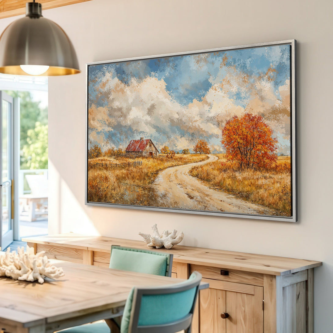 Framed Wall Art: Rustic landscape Canvas Print with a barn, road, and fall colors. Warm, inviting color palette perfect for home decor.