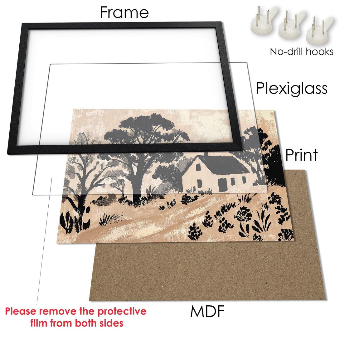Framed Poster featuring a serene landscape in neutral tones. Modern art print ready to hang!