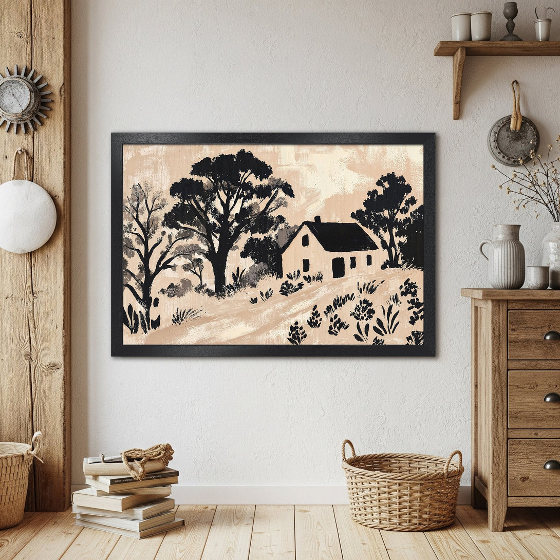 Framed Poster of a black and white landscape painting with a house, trees, and beige background. Rustic style.