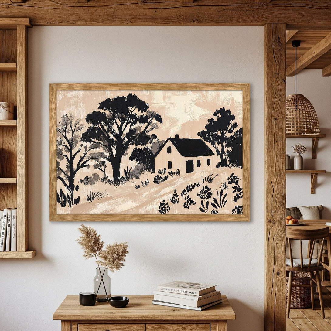 Framed Poster featuring a black and white landscape painting. Rustic style with a neutral beige and black color palette, perfect for home decor.