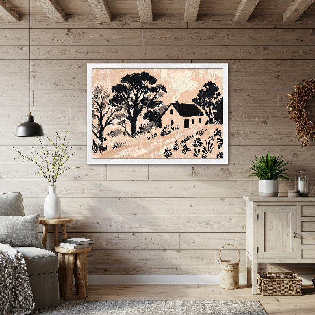 Framed Poster of a serene landscape in black and blush tones. Perfect wall art for a cozy, minimalist aesthetic.