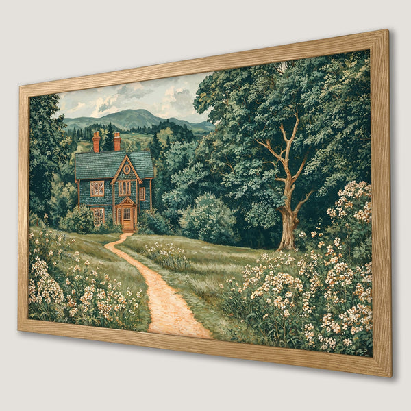 Framed Poster of a serene landscape with a house, path, and lush greenery. Vintage style, green and earth-toned color palette. Perfect wall art!