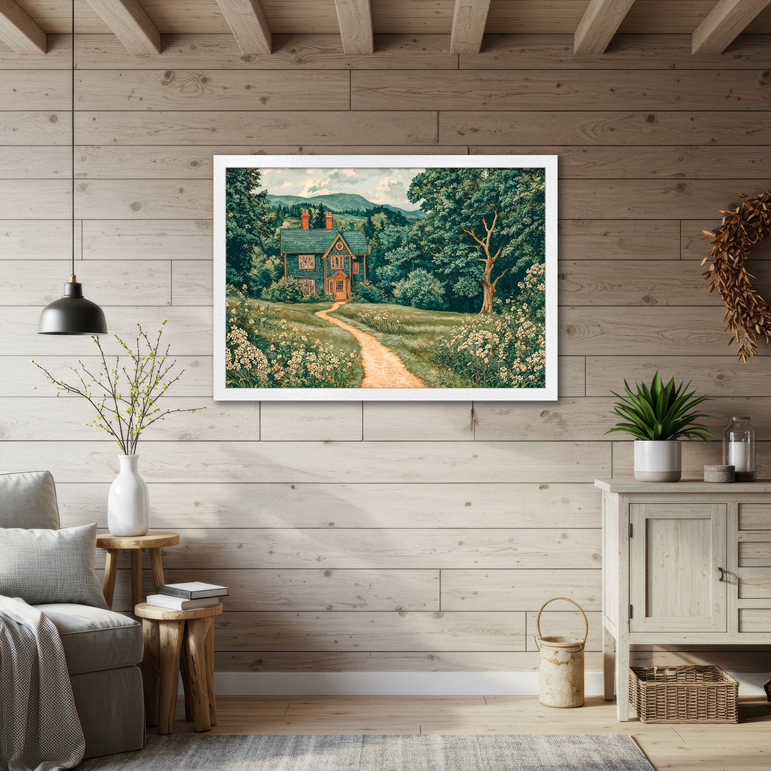 Framed Poster of a charming house in a serene landscape, vintage style with green and earth tones. Perfect wall decor.