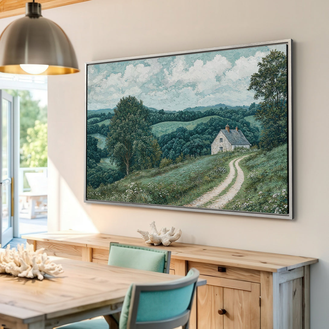 Framed Wall Art: Landscape Canvas Print featuring a countryside scene in a serene green and blue palette, perfect for adding a touch of nature to your home.