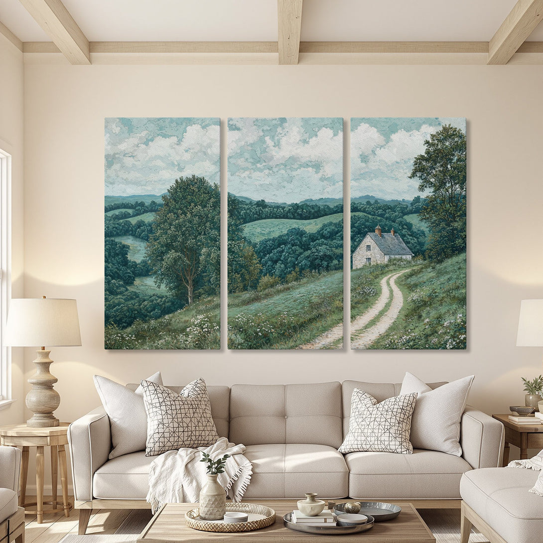 Canvas Print of a serene landscape with a cottage, featuring a calming green and blue color palette, perfect for adding a touch of nature to your home.