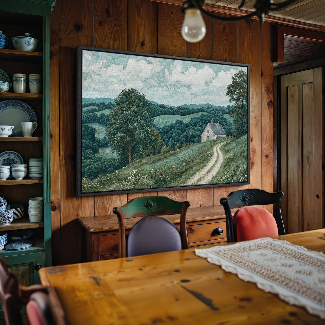 Framed Wall Art: Landscape Canvas Print in a rustic interior. Features a serene countryside scene with green, blue, and neutral tones. Perfect for home decor.