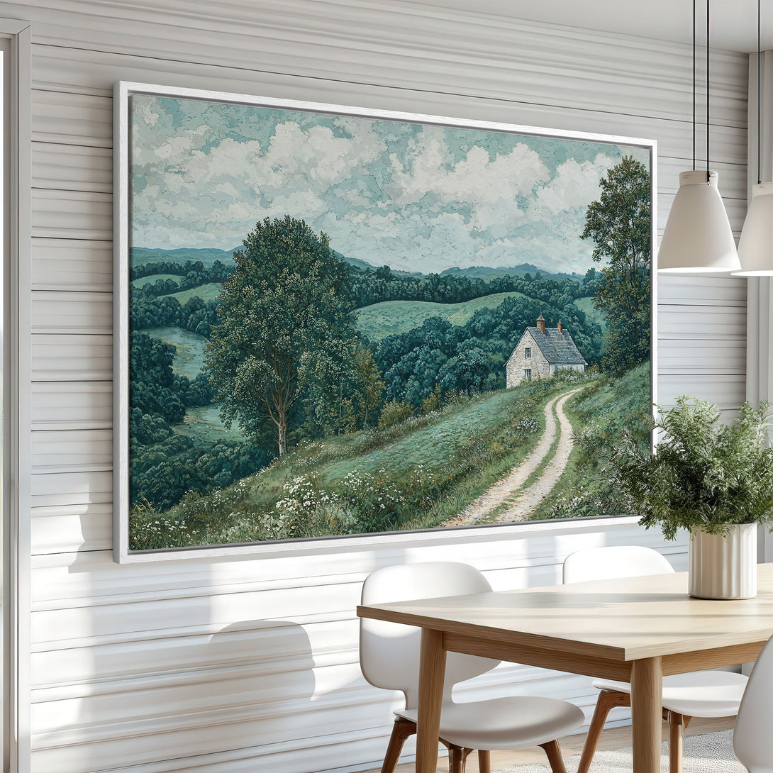 Framed Wall Art: Landscape painting in a serene, impressionistic style. Features a charming cottage, green hills, and a soft blue and green color palette. Perfect for any space!