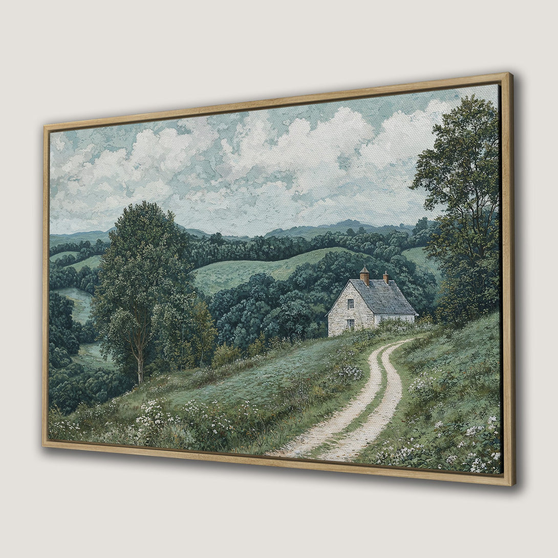 Framed Wall Art of a serene countryside scene with a cottage. Features a calming green and blue color palette, perfect for any home.
