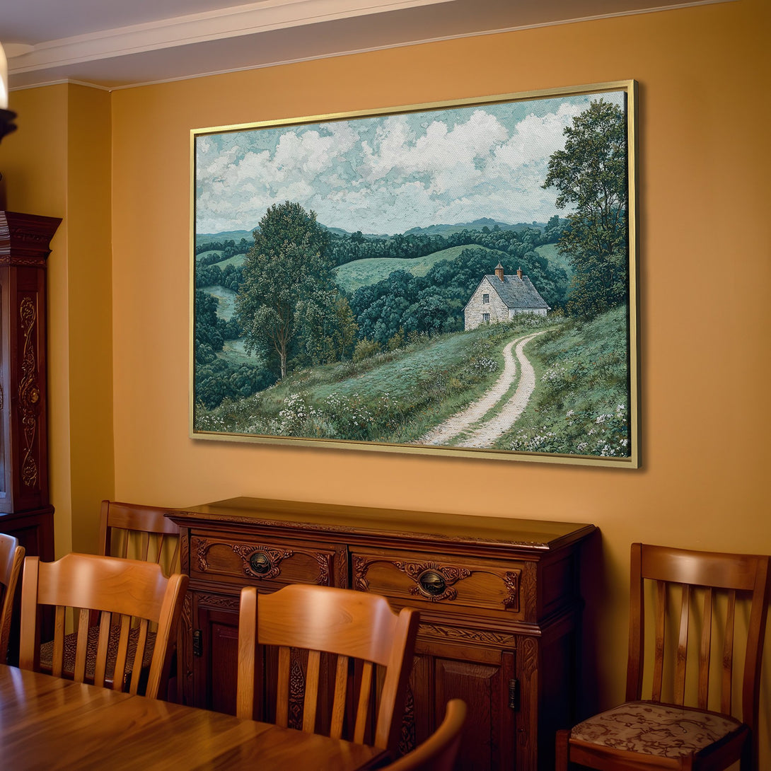 Canvas Print of a serene landscape painting in a cozy living room. Features a green and blue color palette, perfect for adding a touch of nature.