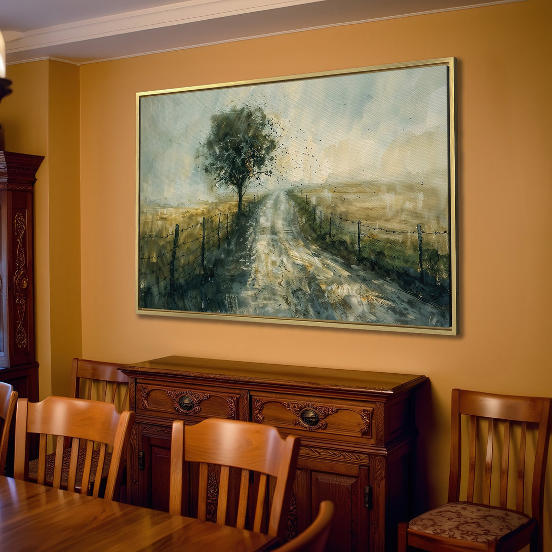 Canvas Print of a serene country road scene in muted greens and browns, perfect for rustic home decor.