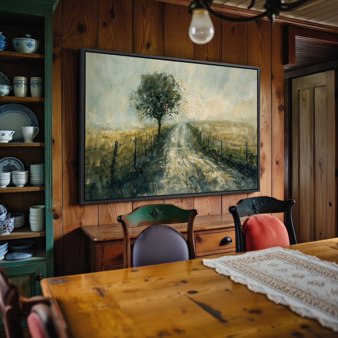 Framed Wall Art: Rustic landscape Canvas Print with a tree and dirt road, warm earth tones, perfect for farmhouse decor.