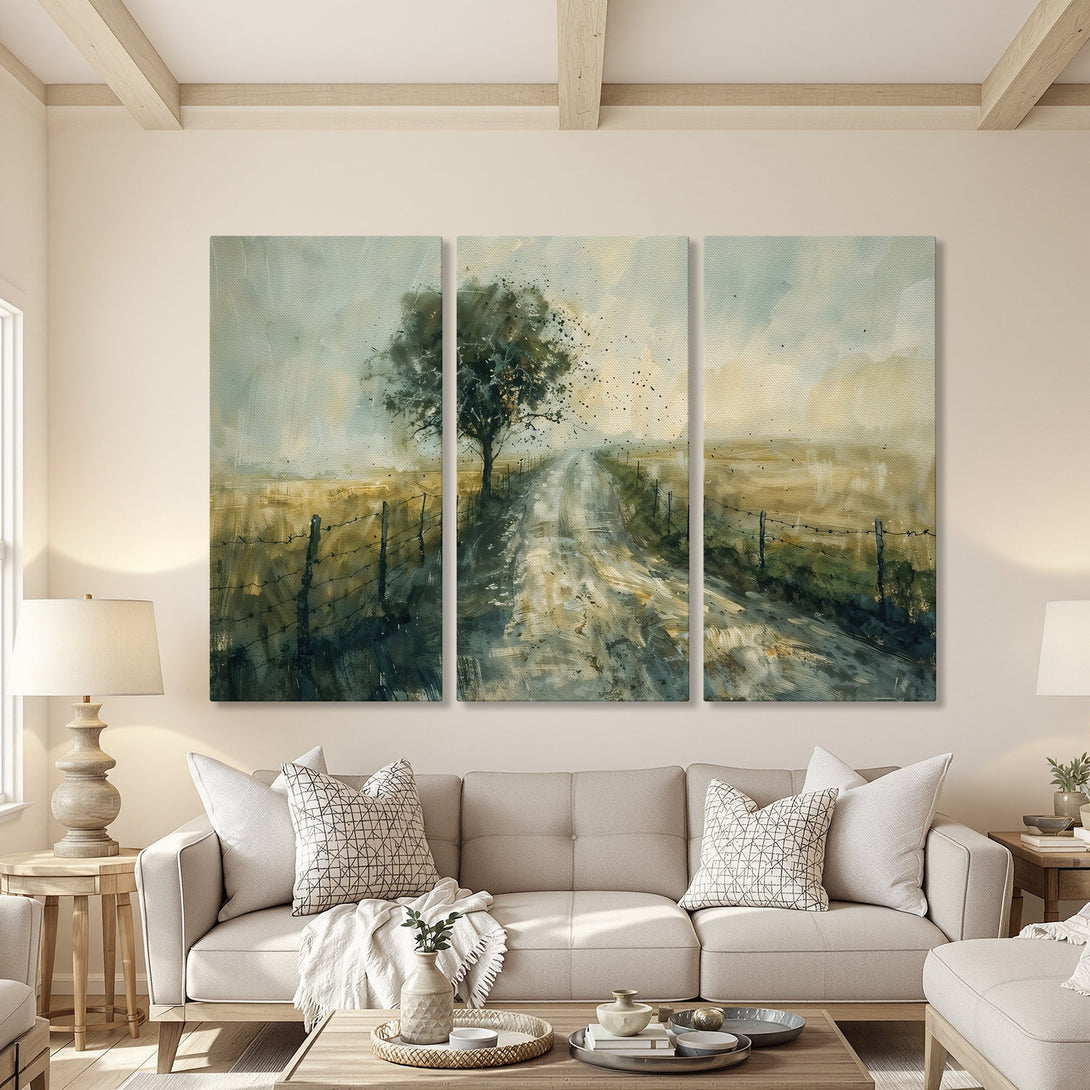 Canvas Print of a serene country road scene in watercolor style, featuring a muted green, brown, and beige color palette. Perfect for farmhouse decor!
