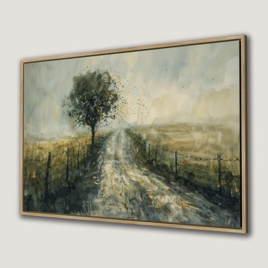 Framed Wall Art: Landscape Canvas Print of a tree-lined country road in muted green and beige tones. Perfect for adding a touch of nature to your home.