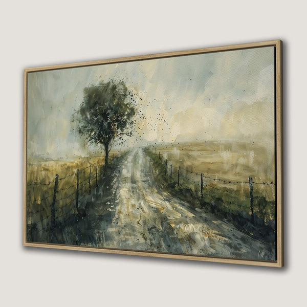 Framed Wall Art: Landscape Canvas Print of a tree-lined country road in muted green and beige tones. Perfect for adding a touch of nature to your home.