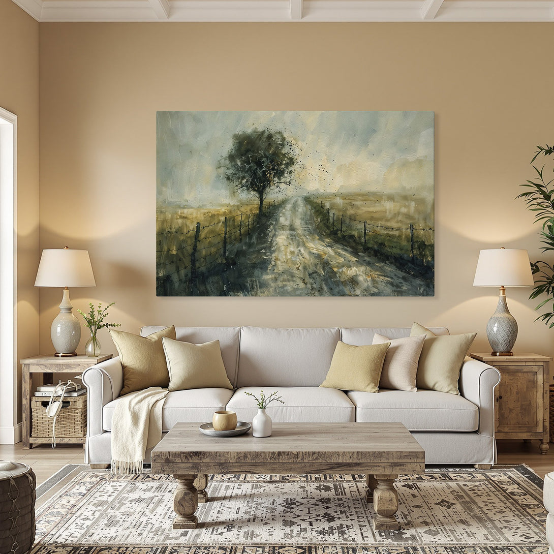 Framed Wall Art featuring a serene landscape painting in muted greens and browns, perfect for adding a touch of nature to your home.