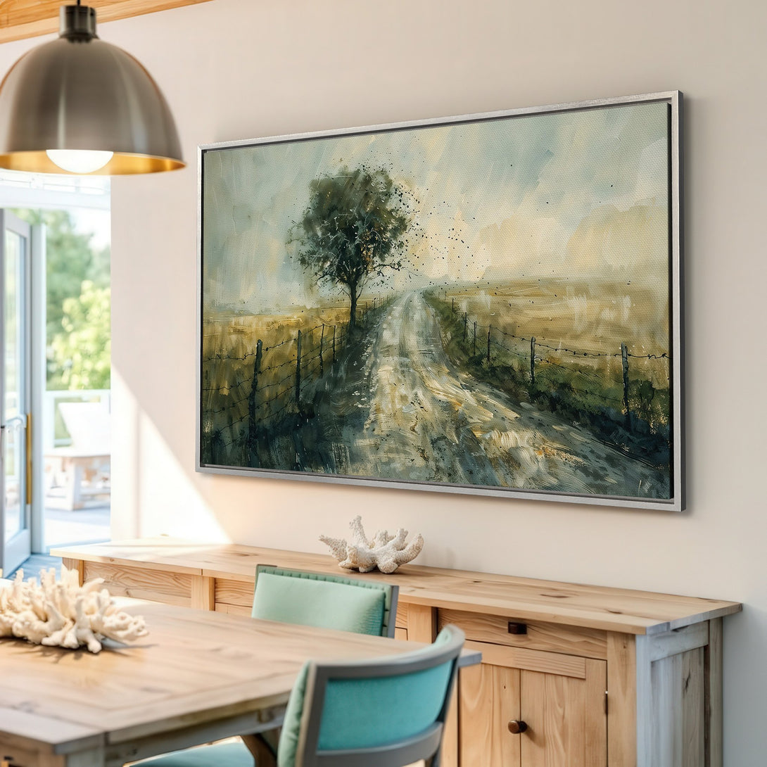 Framed Wall Art: Landscape Canvas Print with a tree and dirt road. Rustic style, muted green and gold color palette. Perfect for home decor.