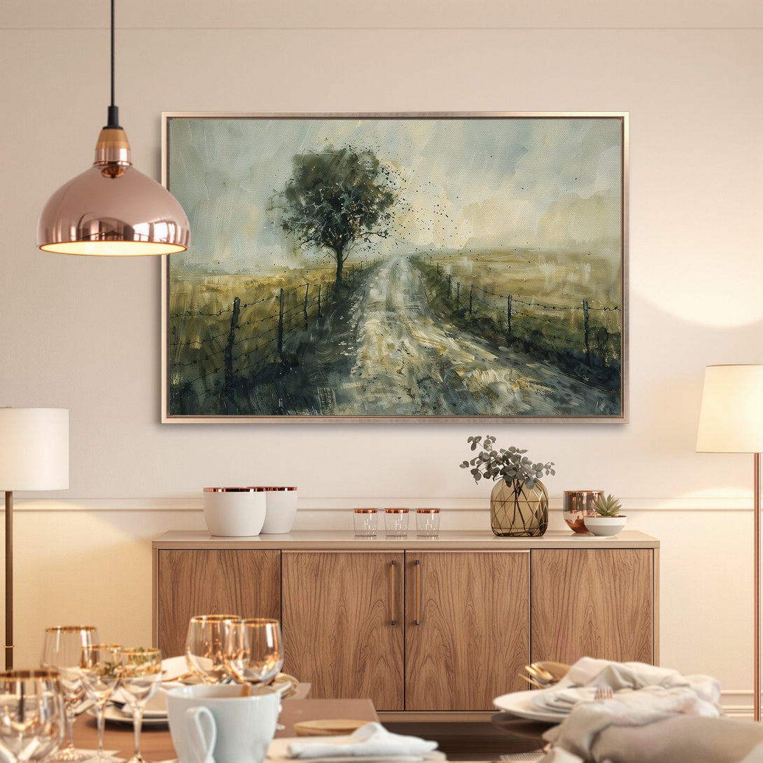 Framed Wall Art: Country road landscape painting in muted greens and browns. Perfect for adding a touch of nature-inspired elegance to your home.