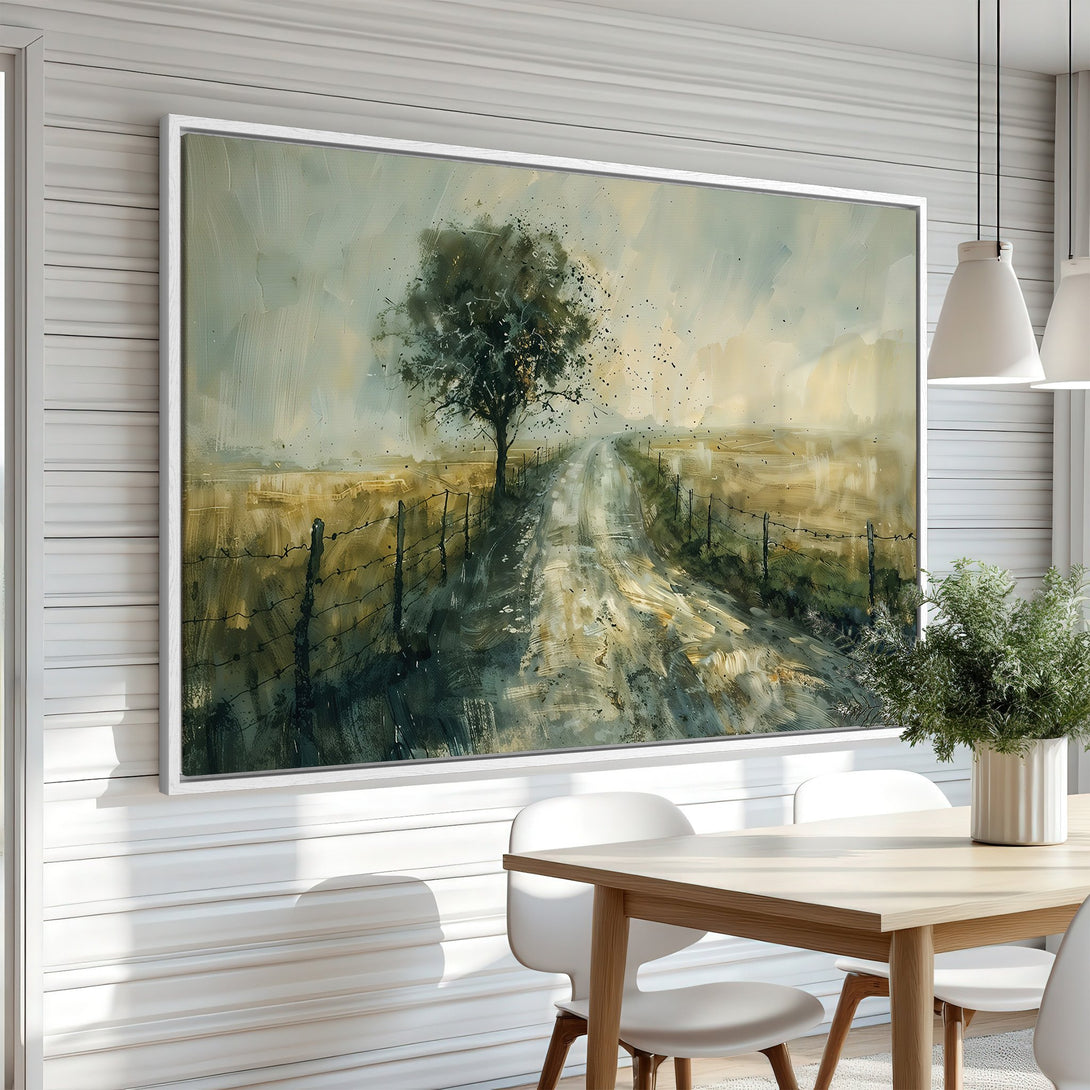 Framed Wall Art: Landscape Canvas Print with a tree, dirt road, and fence. Earthy color palette evokes a serene, rustic style. Perfect for home decor.