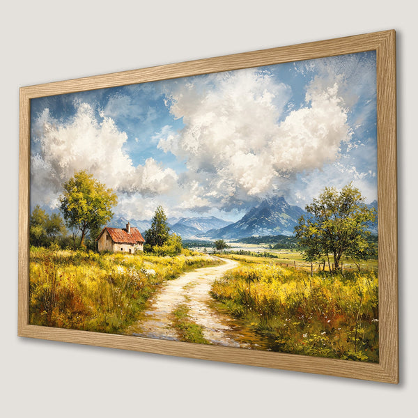 Framed Poster: Landscape art print with a house, road, and mountains. Warm yellow, blue, and green color palette. Perfect wall decor.