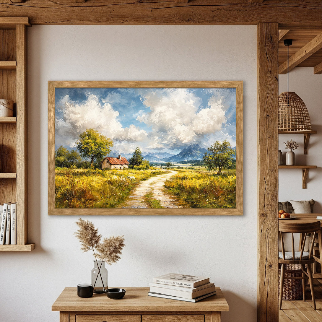 Framed Poster featuring a scenic landscape painting in a warm, rustic style with a vibrant color palette.