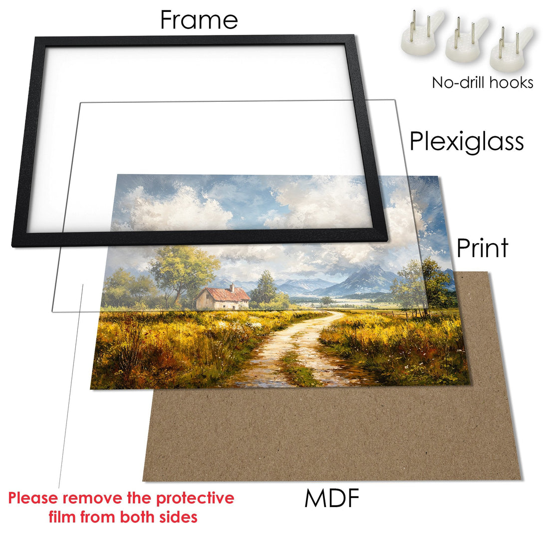 Framed Poster of a scenic landscape painting in warm yellow and blue tones. Ready to hang art for your home!