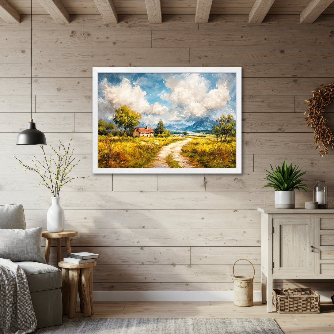 Framed Poster of a scenic landscape painting with a warm color palette, perfect for adding a touch of nature to your home.