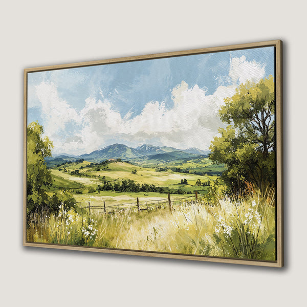 Framed Wall Art: Landscape Canvas Print with rolling green hills, blue sky, and a warm, earthy color palette. Perfect for adding serenity to your space.