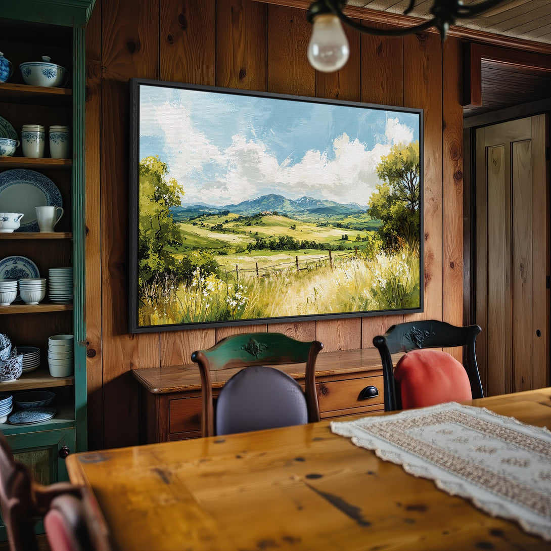 Framed Wall Art: Landscape canvas print with a serene countryside scene in green, blue, and yellow hues. Perfect for adding a touch of nature to your home.