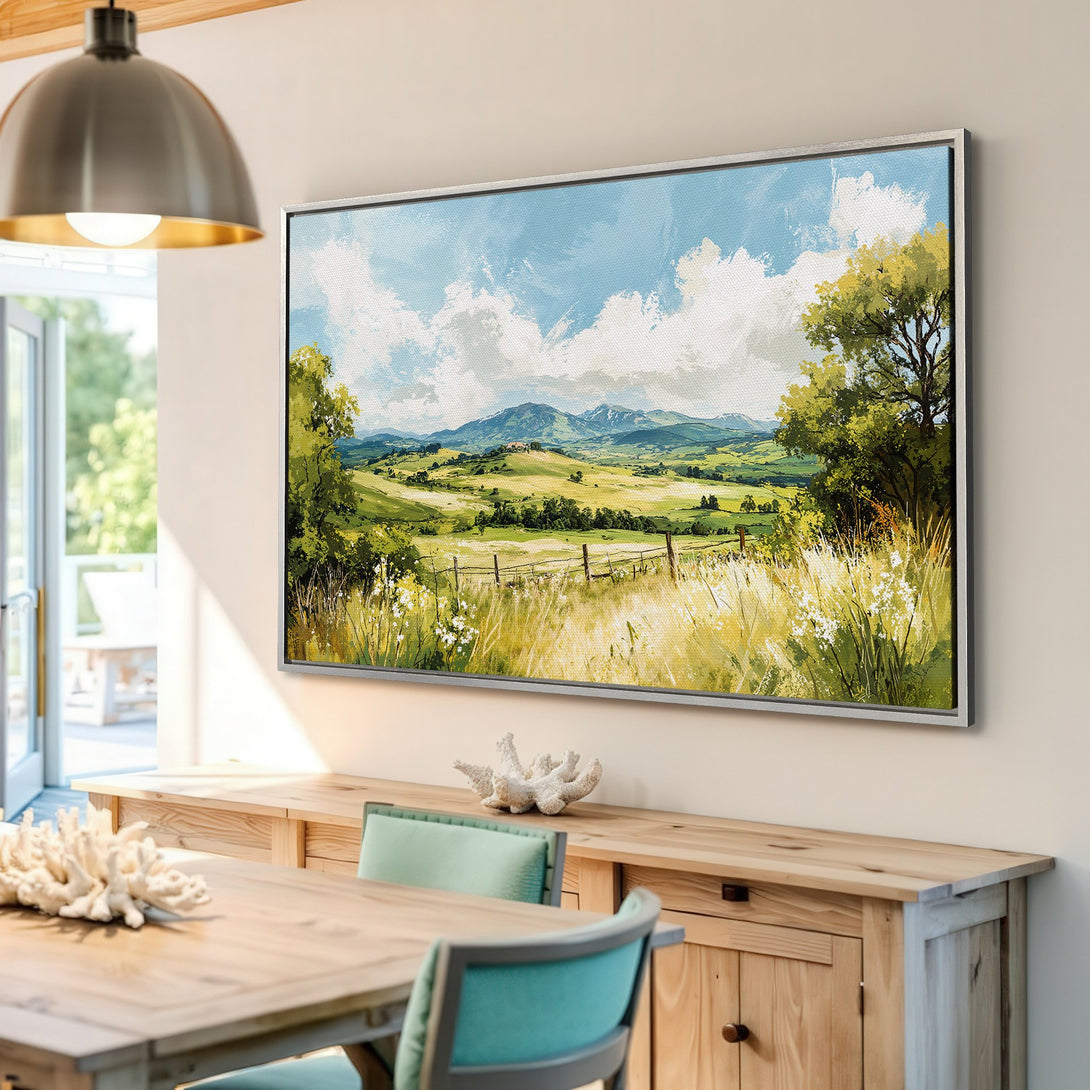 Framed Wall Art of a serene landscape painting in green, blue, and yellow hues. Perfect for adding a touch of nature to your home decor.