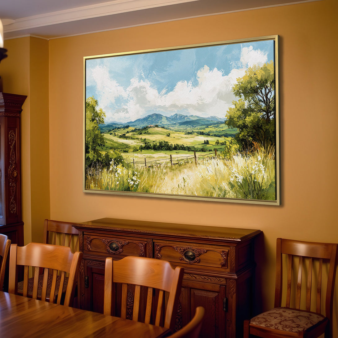 Canvas Print of a serene landscape painting with green fields, blue sky, and a warm, inviting color palette. Perfect for living room decor!