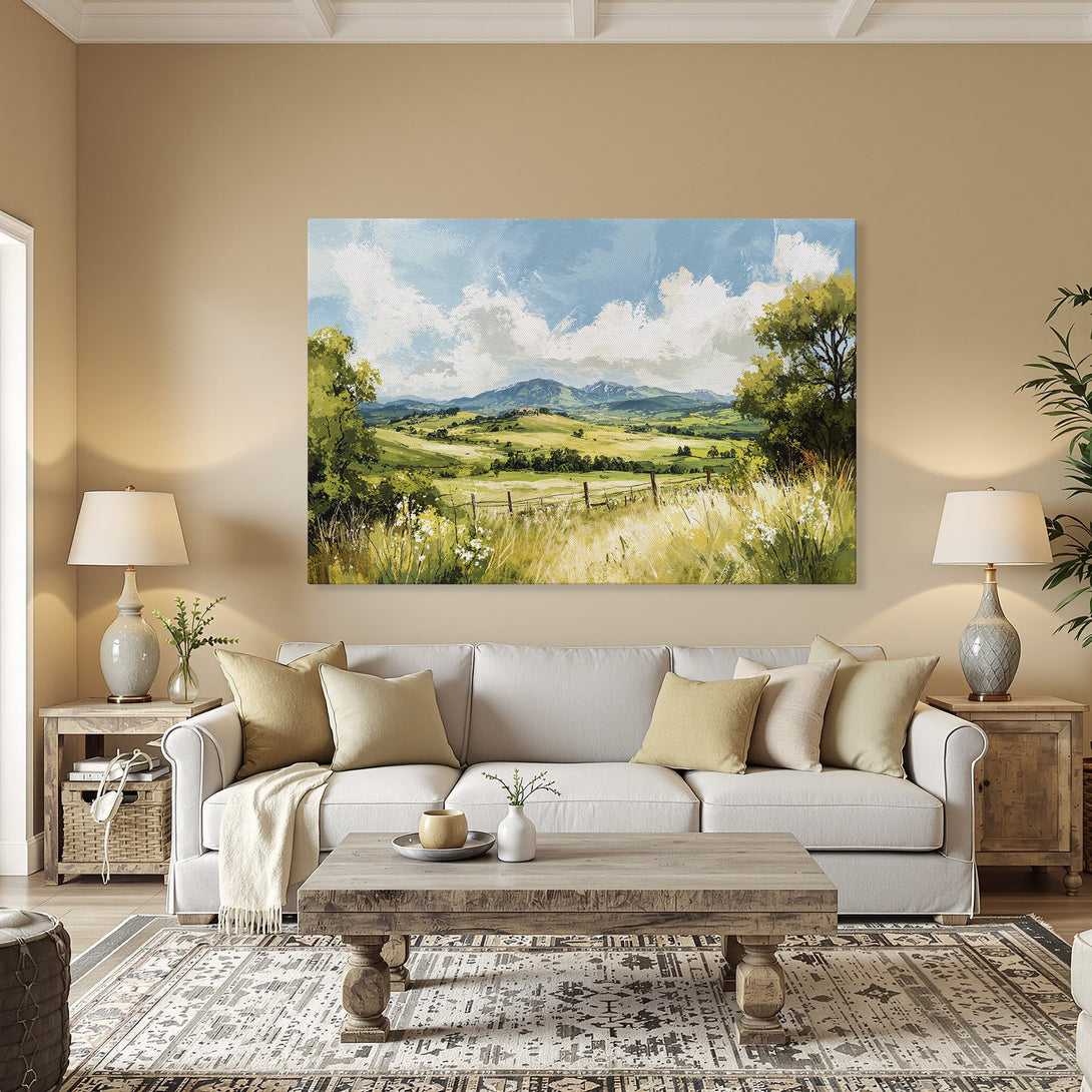 Framed Wall Art: Landscape painting with green fields, blue sky, and golden frame. Perfect for adding a touch of nature to your home decor.