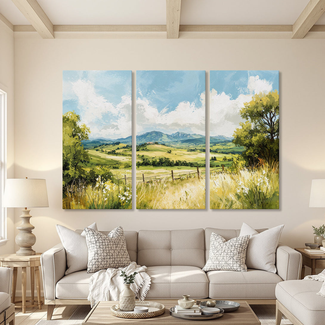 Canvas Print of a serene landscape painting with a blue sky, green fields, and a warm, natural color palette. Adds a touch of nature to any home.