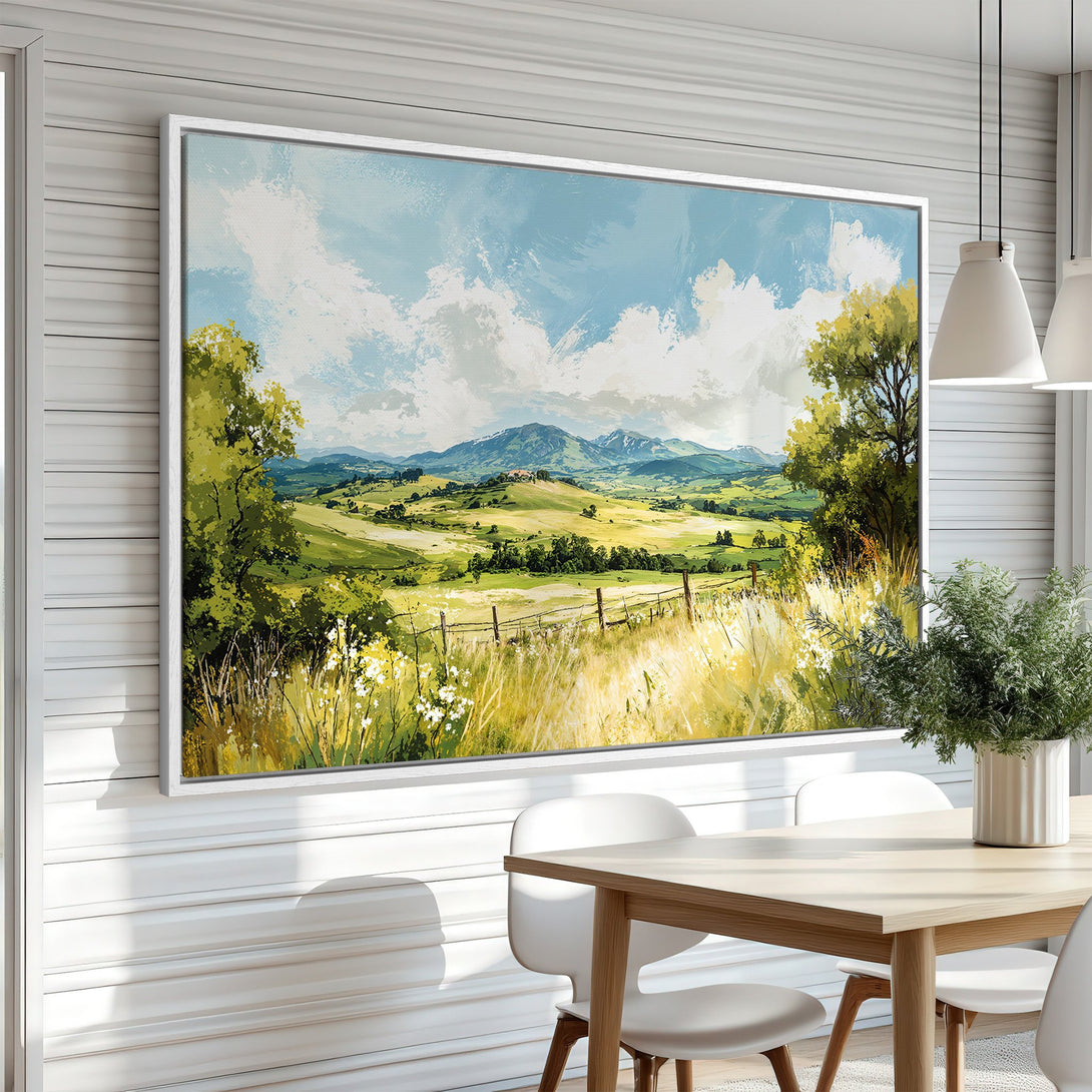 Framed Wall Art featuring a scenic landscape painting in a vibrant green and blue color palette, perfect for adding a touch of nature to your home.