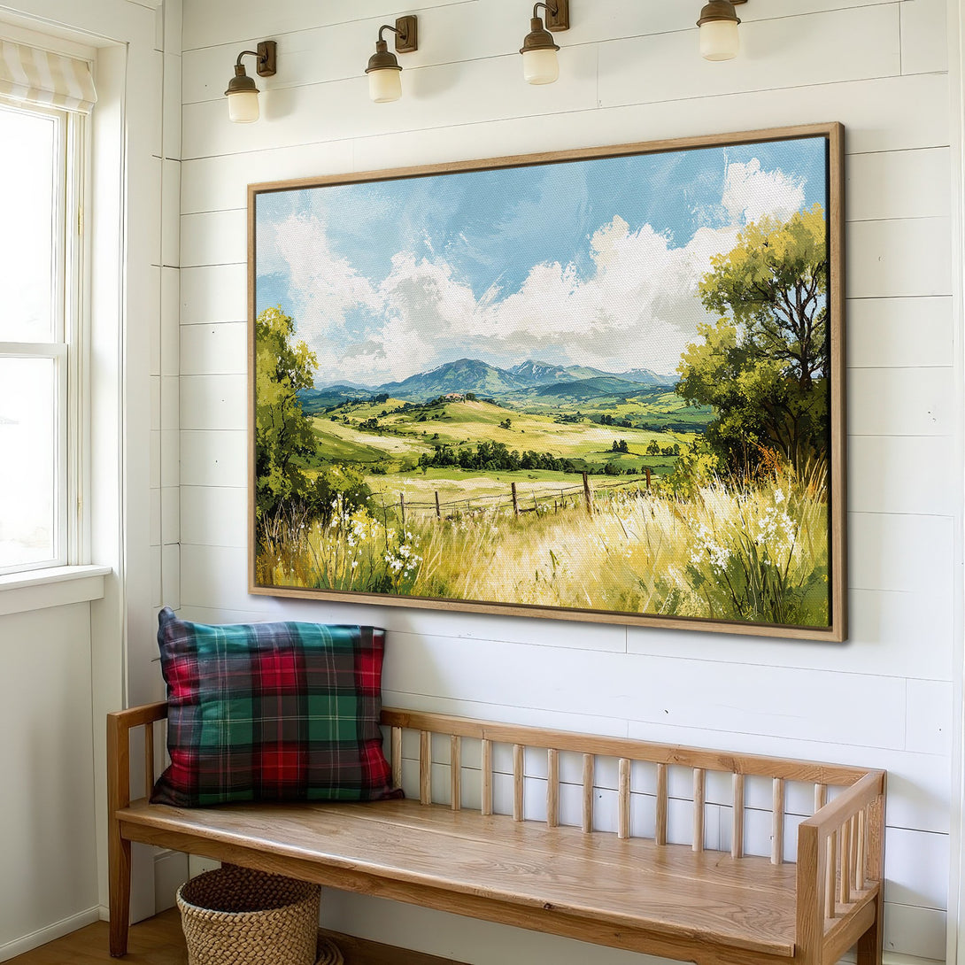 Framed Wall Art: Landscape Canvas Print with rolling green hills, blue sky, and a warm color palette. Perfect for rustic home decor!