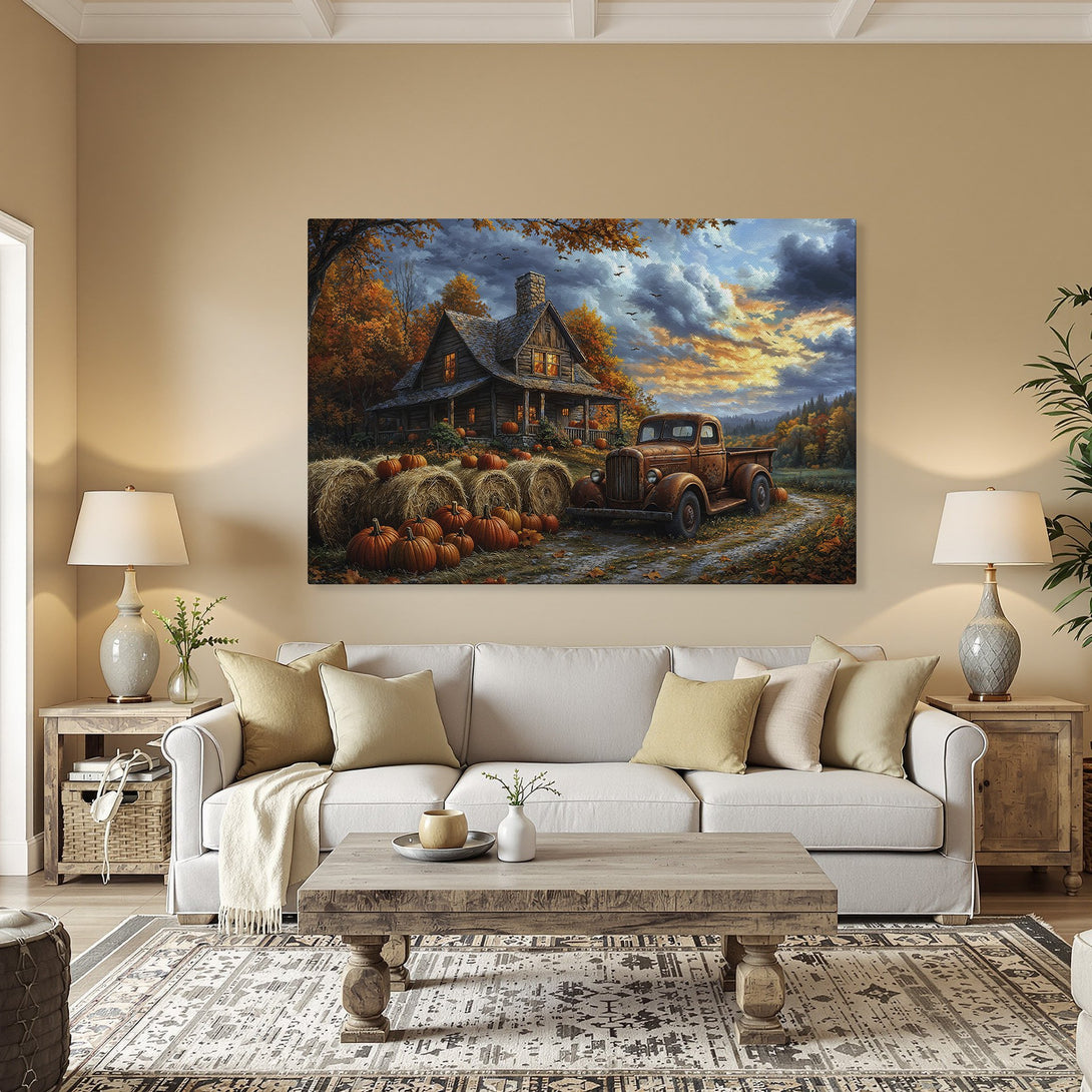 Framed Wall Art: Rustic autumn scene with a cabin, pumpkins, and truck. Warm orange and blue tones create a cozy, inviting atmosphere. Perfect fall decor.