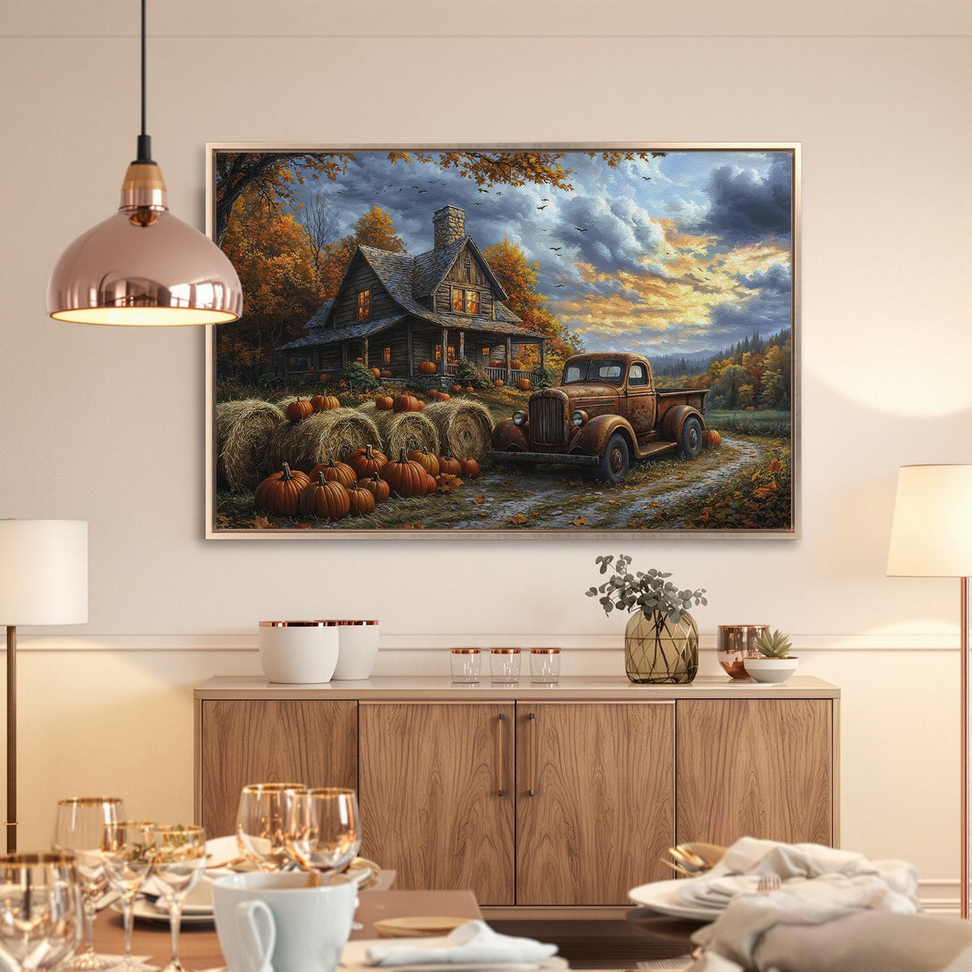 Framed Wall Art: Rustic autumn scene with cabin, pumpkins, and vintage truck. Warm, inviting color palette. Perfect fall decor for your home.