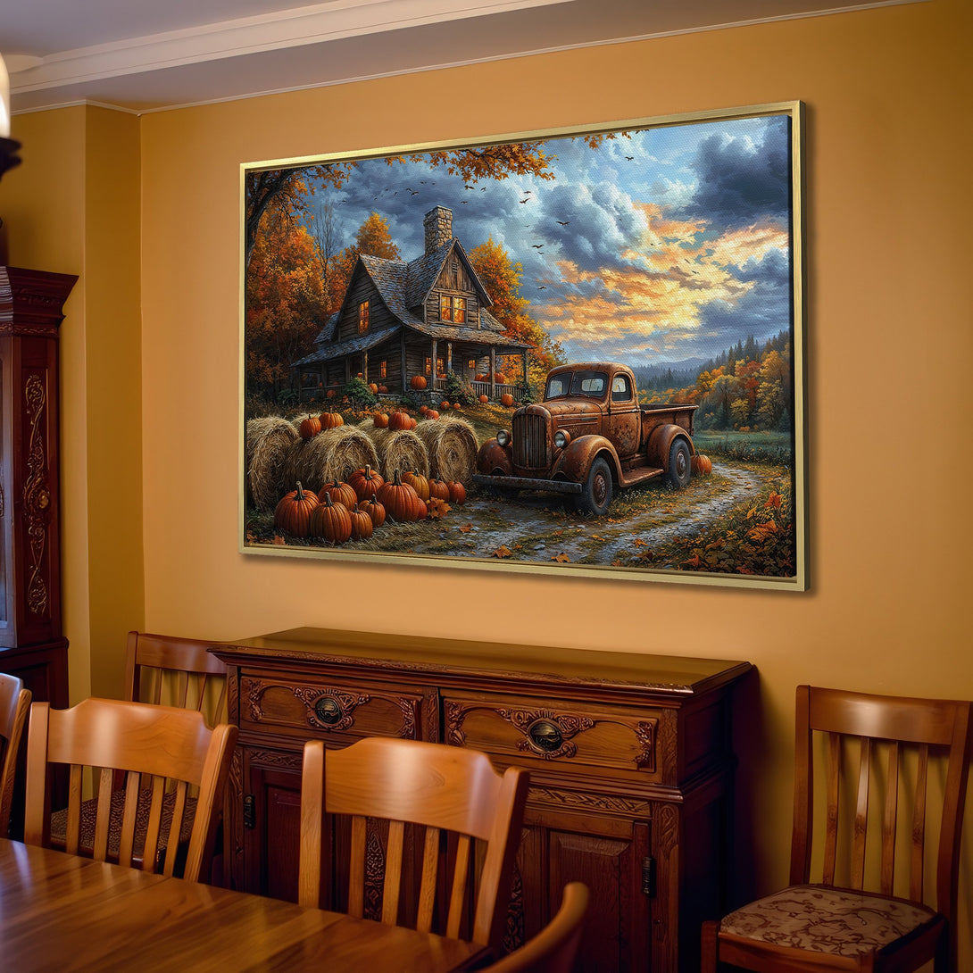 Canvas Print of a cozy autumn scene with cabin, pumpkins, and truck. Warm orange and brown tones create a rustic, inviting atmosphere.