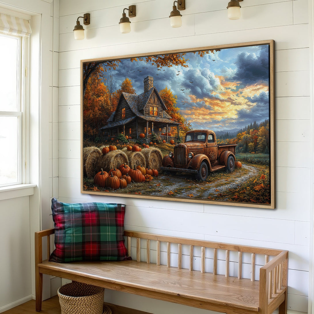 Framed Wall Art: Rustic autumn scene with cabin, truck, and pumpkins. Warm orange and blue color palette. Perfect fall decor for your home.